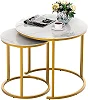 Set of 2 Marble Round Coffee  Center Tables - White/Gold