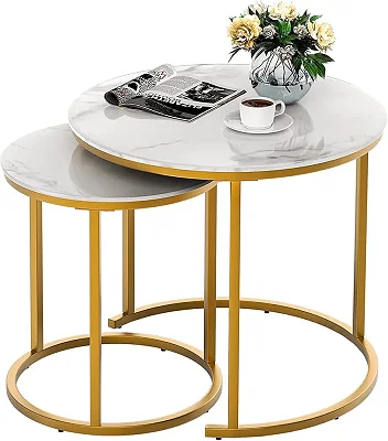 Set of 2 Marble Round Coffee  Center Tables - White/Gold