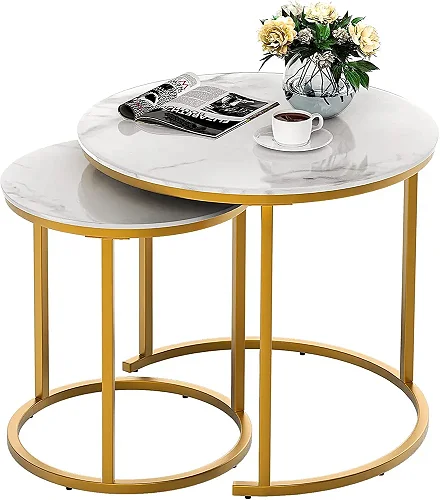 Set of 2 Marble Round Coffee  Center Tables - White/Gold