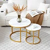 Set of 2 Modern Round Coffee Tables With  Marble Tabletop - White/Gold
