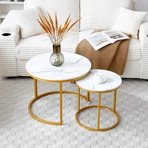 Set of 2 Modern Round Coffee Tables With Marble Tabletop - White/Gold
