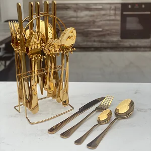 Original Cutlery Set (24Pcs) Stainless Steel With Stand - Gold