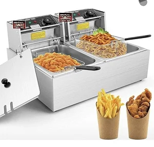 Double Electric Deep Fryer with Basket Commercial Deep Fryer Stainless Steel Dual Tank with Lid Adjustable Temperature Knob Oil Filtration for French Fries, Donuts, Chicken, Chips
