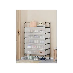 6-Tier Metal Shoe Rack with Dustproof Cover – White