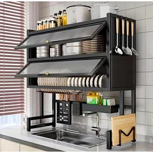 Dust-Proof 2-Tier Over Sink Dish Rack – 85cm Kitchen Dish Organizer