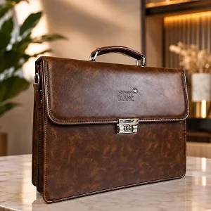 Premium Brown Leather Briefcase for Men – Executive Business Laptop Bag with Lock