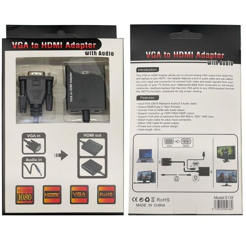 VGA To HDMI Converter Adapter Cable With Audio Output -Black