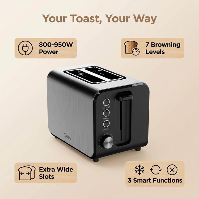Midea 2 Slice Stainless Steel Toaster- Silver