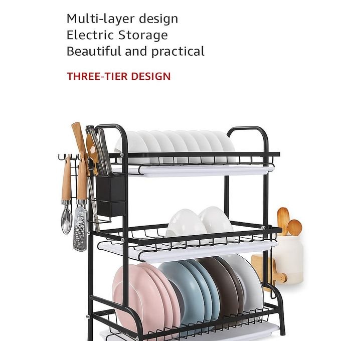 3-Tier Dish Rack Stainless Steel Dish Drainer - Black.