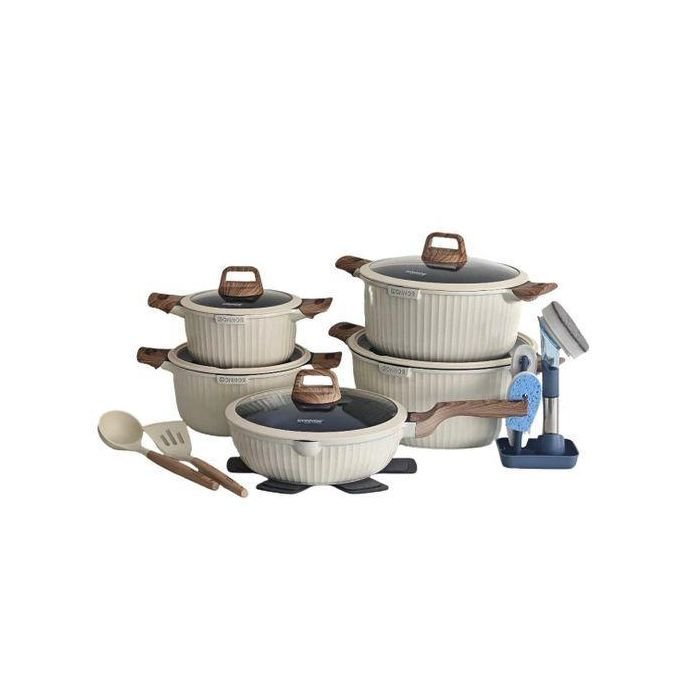 Elegant Non-Stick Cookware Set with Wood-Effect Accents (15 Pieces) - Multicolor