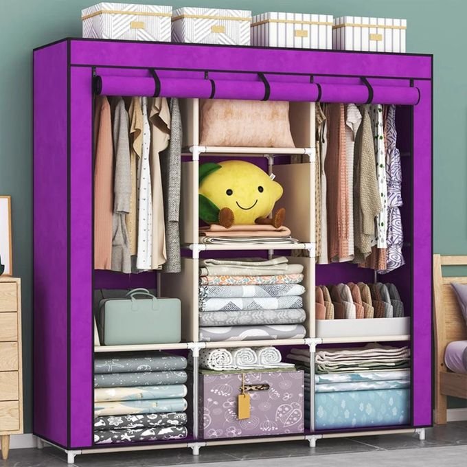 3 Column Metallic Frame Cloth Wardrobe- Purple