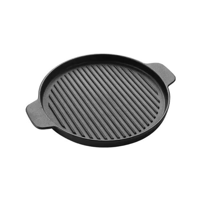 Cast Iron Round Grill Pans, Sizzling Plate With a Wooden Base - Black / Brown