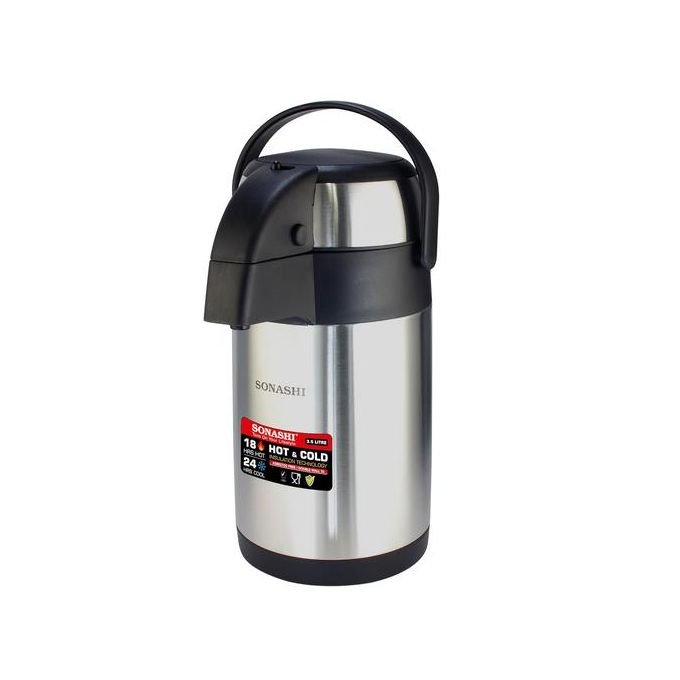 Sonashi 5Liters Hot & Cold Airpot Flasks with Stainless Steel Insulation Easy to Clean Flask with Pump Lid Hot/Cold 18 & 24 Hours Retention Pump Flask for Cold Drinks, Tea, Coffee SVF5000 -Silver