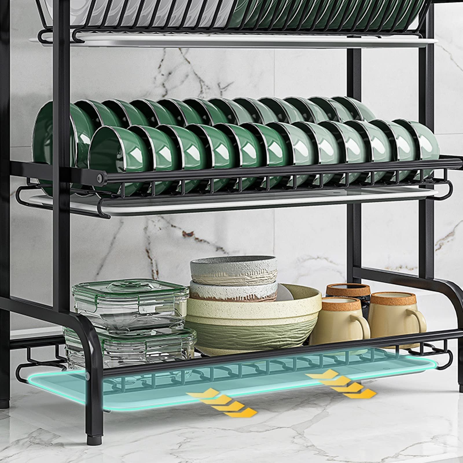 3 Tier Kitchen Dish Rack with Detachable Drainboard – Multi-Level Plate & Utensil Organizer