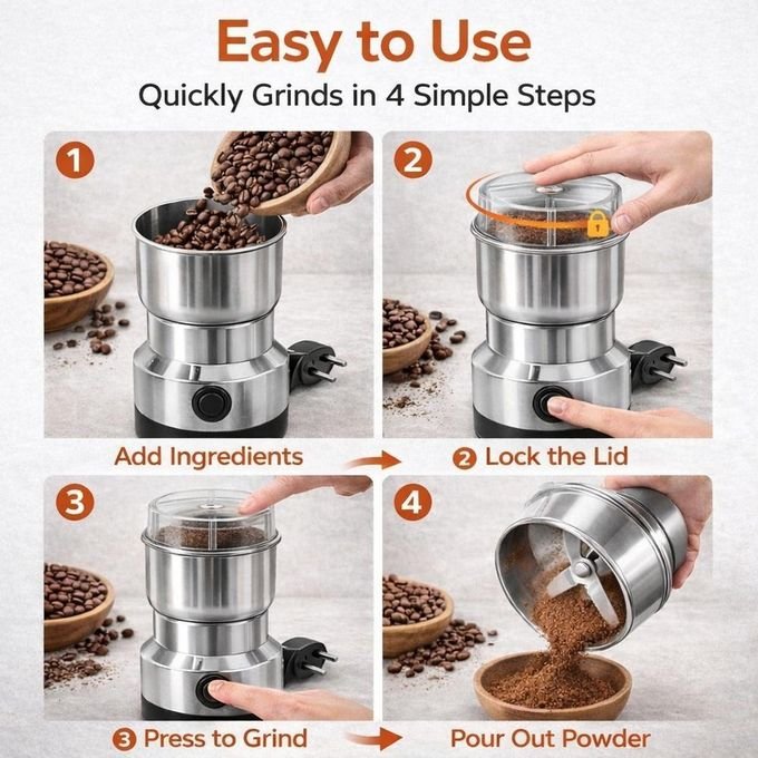 Fast Electric Coffee & Spice Grinder with Sharp Blades – Silver