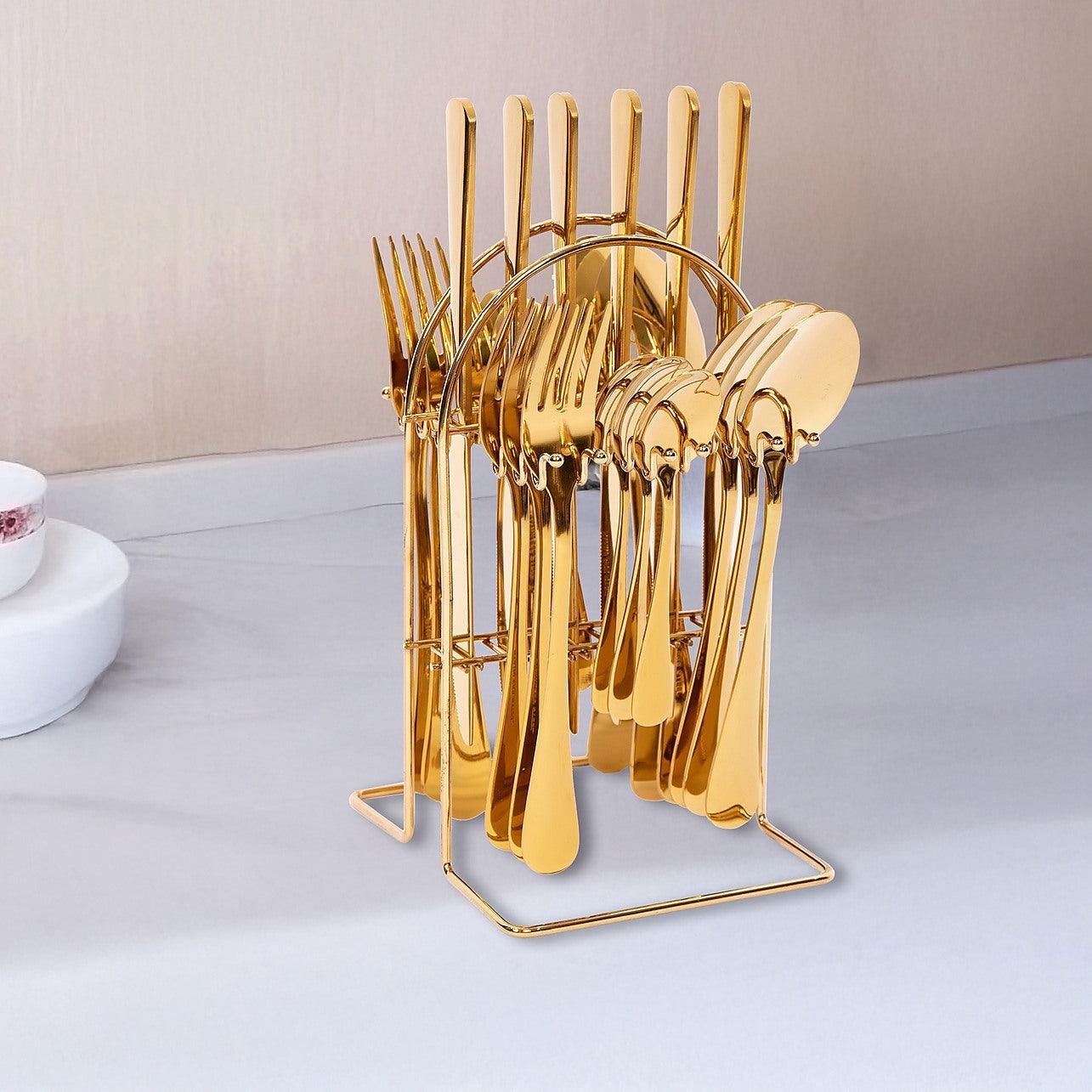 24Pcs Stainless Steel Cutlery Set With Stand - Gold