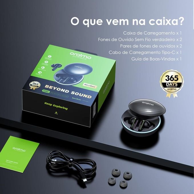 Oraimo SpaceBuds Wireless Bluetooth Earbuds – 50dB Hybrid ANC Noise Cancellation, Dark Grey