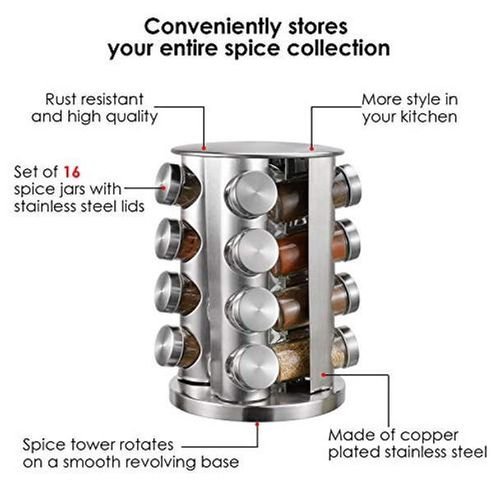 Rotating Spice Rack With 16 Seasoning Jars, Revolving Tower Organizer Stainless Steel For Kitchen Storage