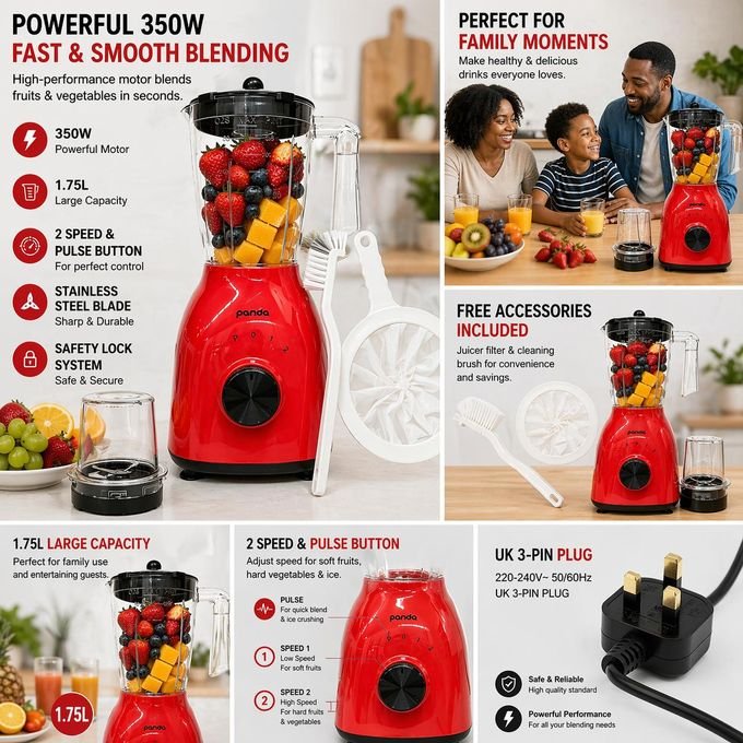 Panda 1.75L 2-in-1 Blender with Grinder – Juice Blender & Food Grinder, Red