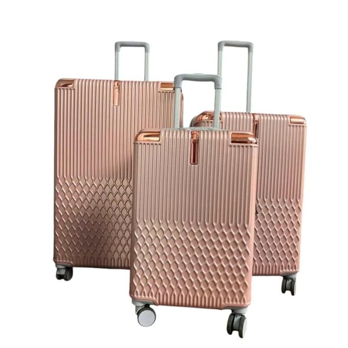 3pcs Waterproof Plastic Suitcase Set – Large, Medium & Small 4 Wheel Spinner Luggage - Gold (Design Prints Vary)