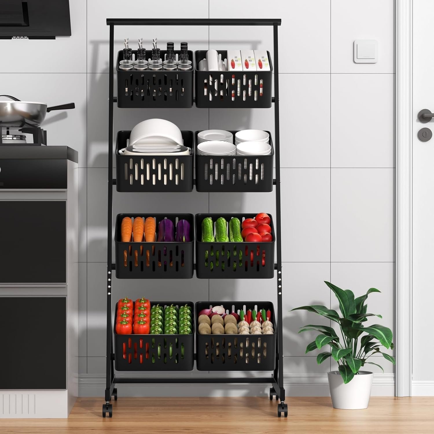 4-Tier Rolling Fruit & Vegetable Storage Cart – Detachable Mesh Baskets Kitchen Organizer