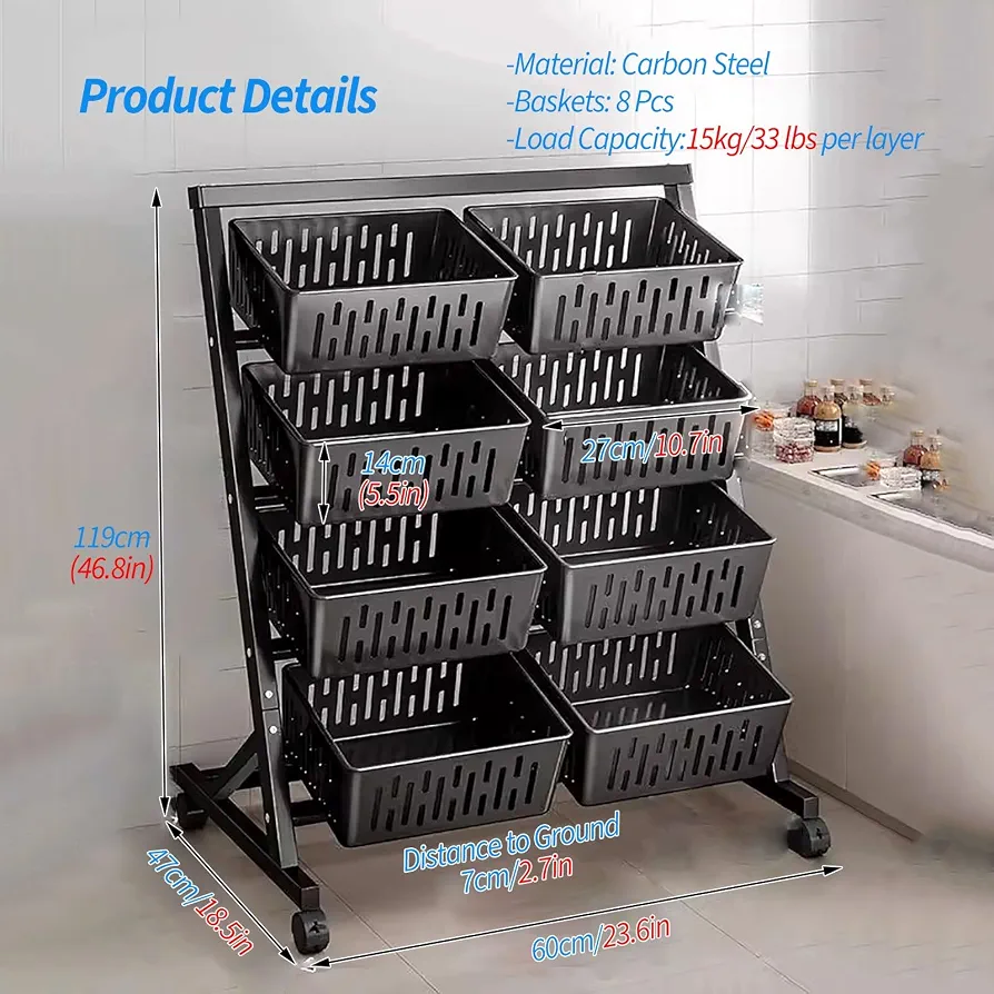 4-Tier Rolling Kitchen Storage Cart – Detachable Mesh Baskets for Fruits, Vegetables & Snacks