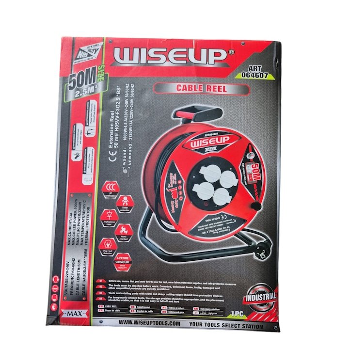Wiseup 50m Industrial Extension Cable Reel 2.5mm 13A Heavy Duty Power Cable