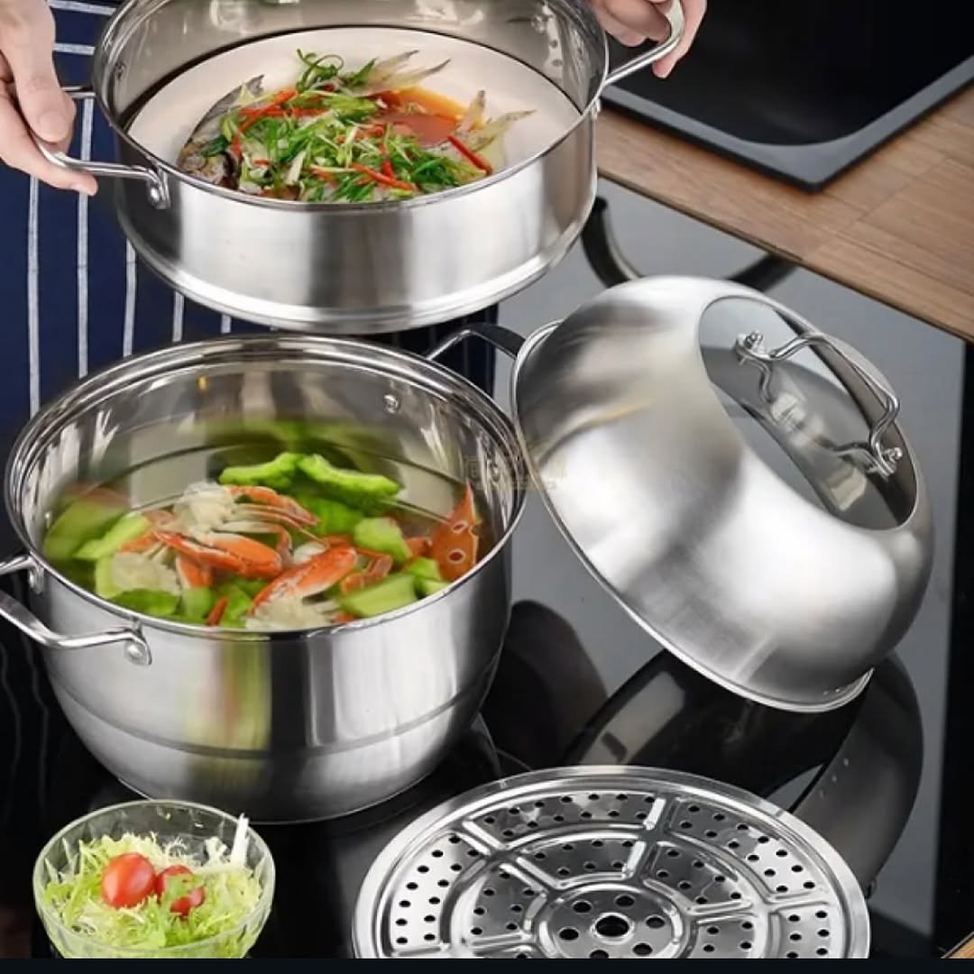 3 Layer Stainless Steel Food Steamer 30cm- Silver