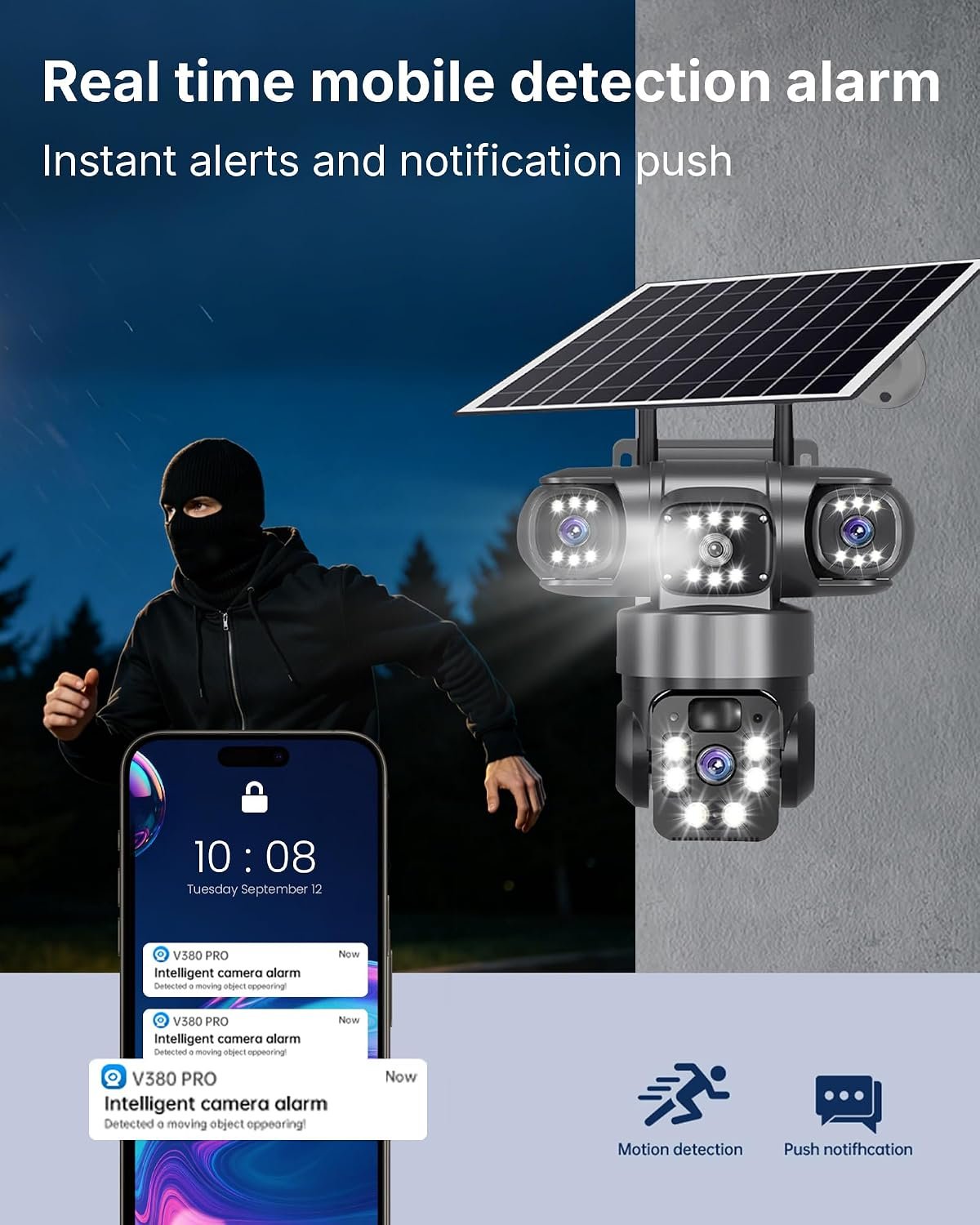 4G Simcard Solar Camera Outdoor 3 Lens 3 Screen CCTV with Solar Panel & V380 Pro - Black