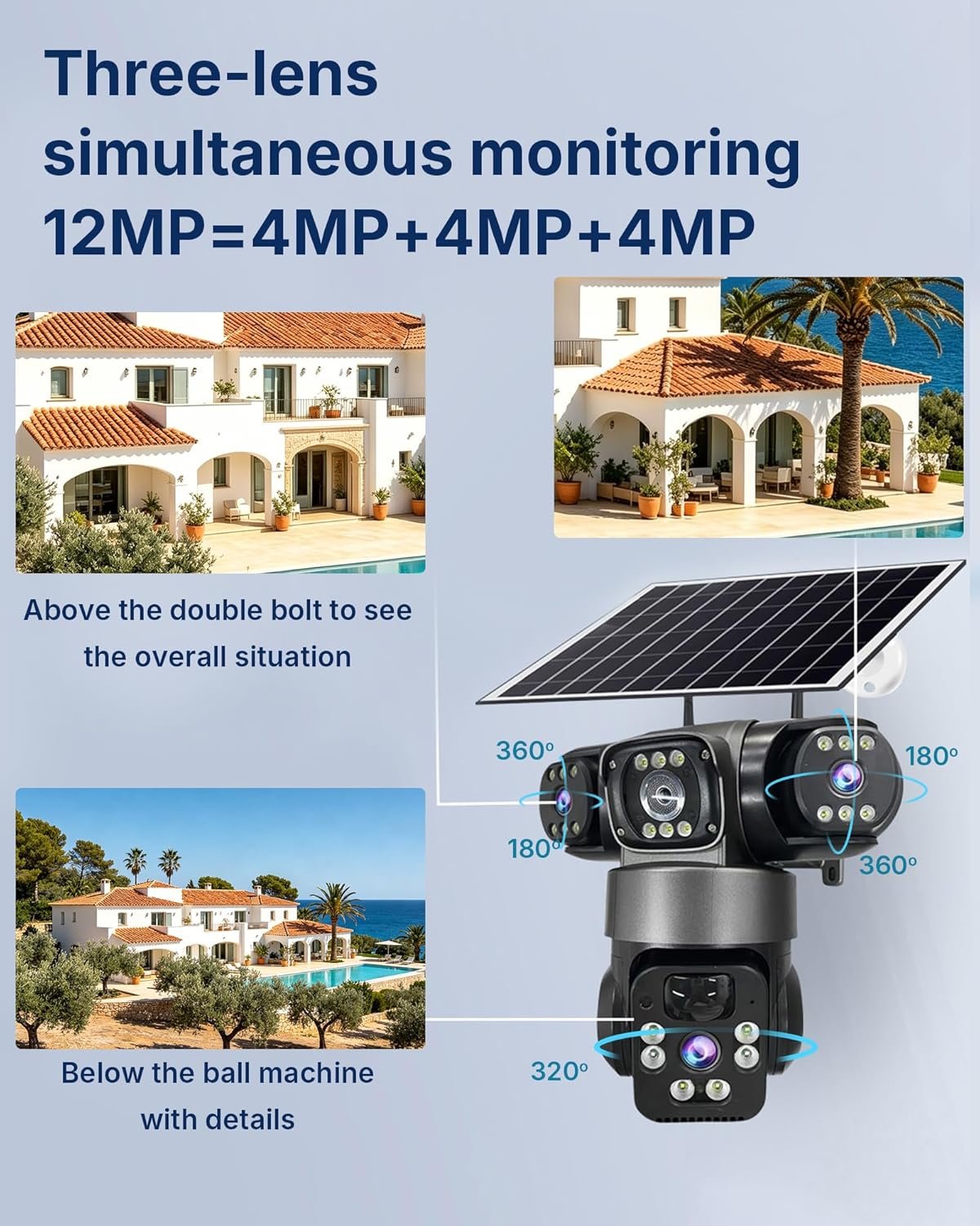 4G Simcard Solar Camera Outdoor 3 Lens 3 Screen CCTV with Solar Panel & V380 Pro - Black