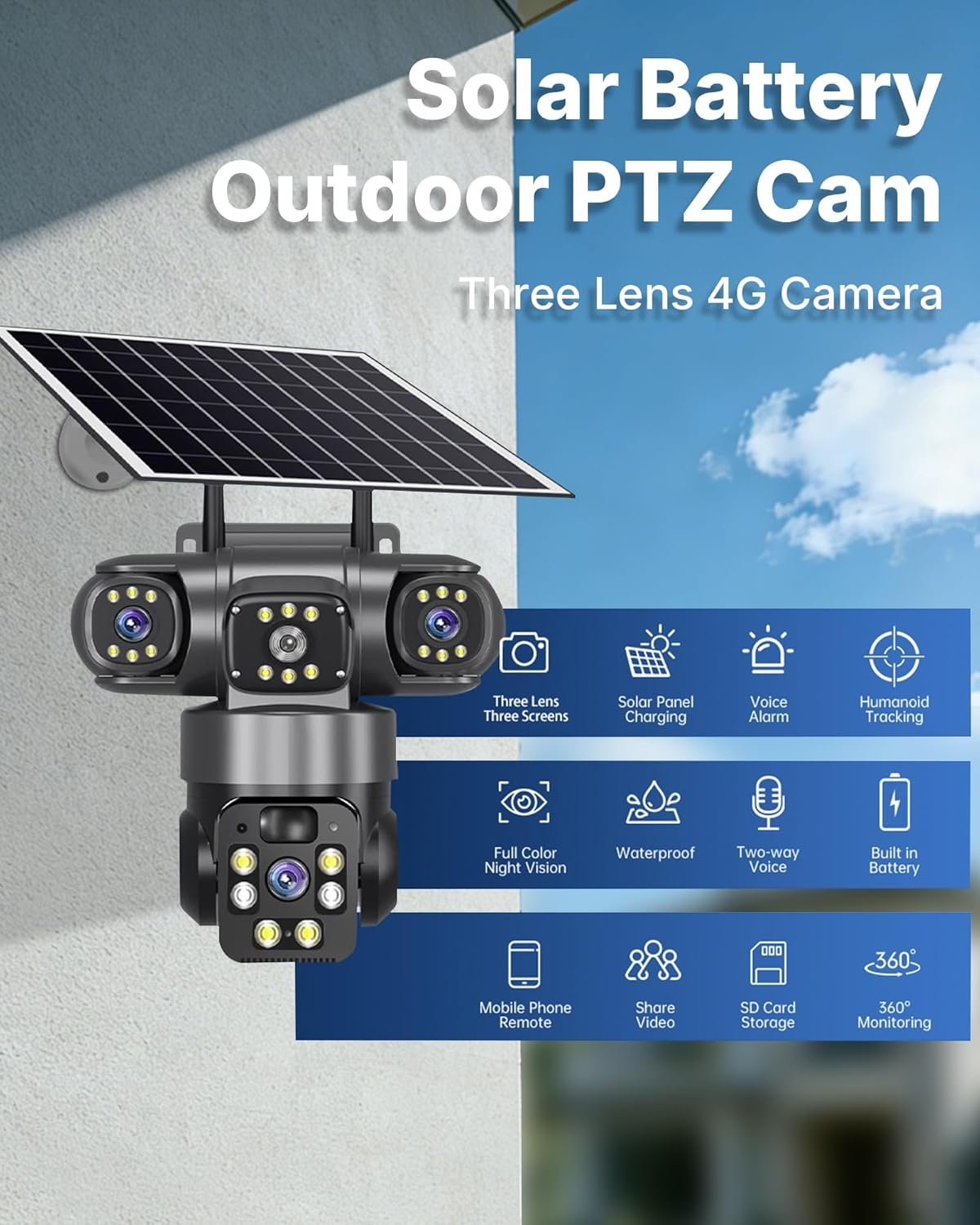 4G Simcard Solar Camera Outdoor 3 Lens 3 Screen CCTV with Solar Panel & V380 Pro - Black