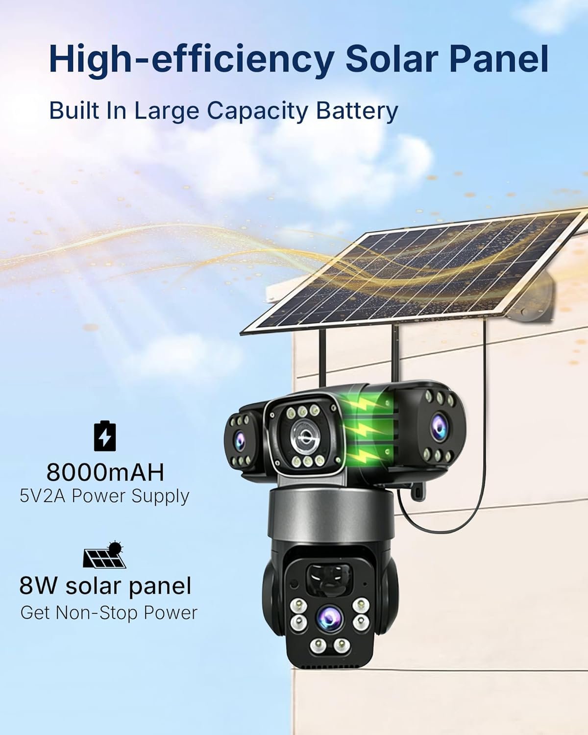 4G Simcard Solar Camera Outdoor 3 Lens 3 Screen CCTV with Solar Panel & V380 Pro - Black