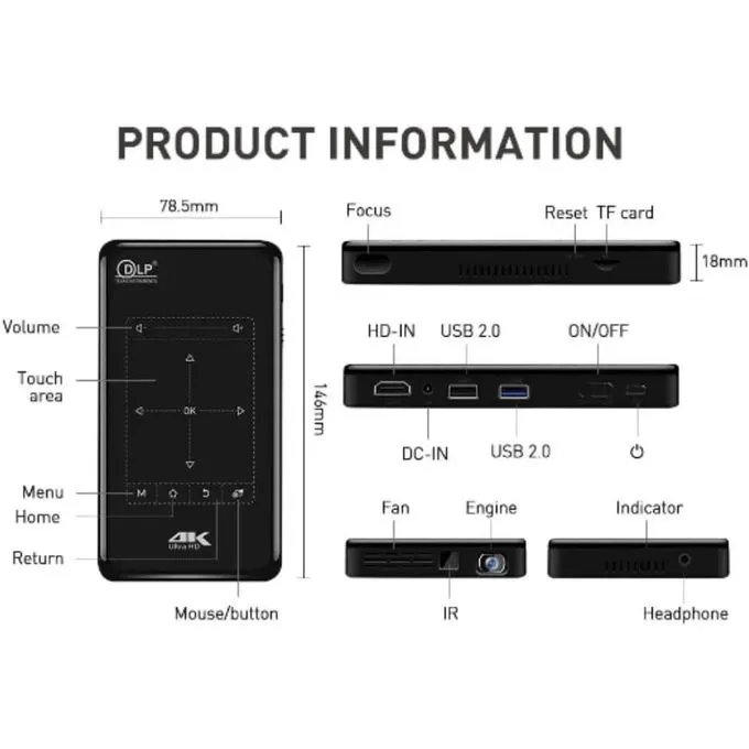 BP09 Portable Mini Smart Projector with 4K ULTRA HD LED Video Projector Built-In Wi-Fi / 1000 lumens