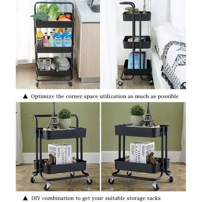 Storage Trolley Cart - 3 Tier Rolling Utility Organizer Rack, Craft Art Cart, Multi-Purpose Organizer Shelf, Tower Rack Serving Trolley for Office Bathroom Kitchen Kids’ Room Laundry Room