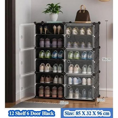 6 Layer 2 Column Portable Plastic Shoe Rack   - Black