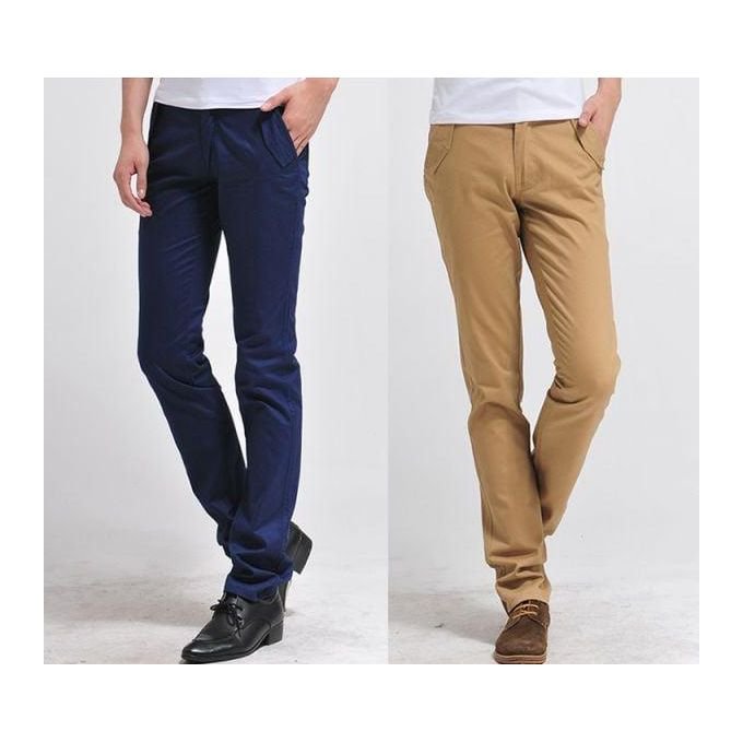 2 Pack of Men's Non Fading Formal Khaki Stretcher Trousers - Navy & Khaki