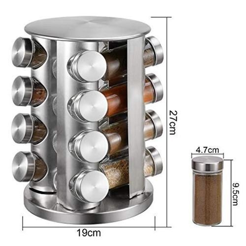 Rotating Spice Rack With 16 Seasoning Jars, Revolving Tower Organizer Stainless Steel For Kitchen Storage