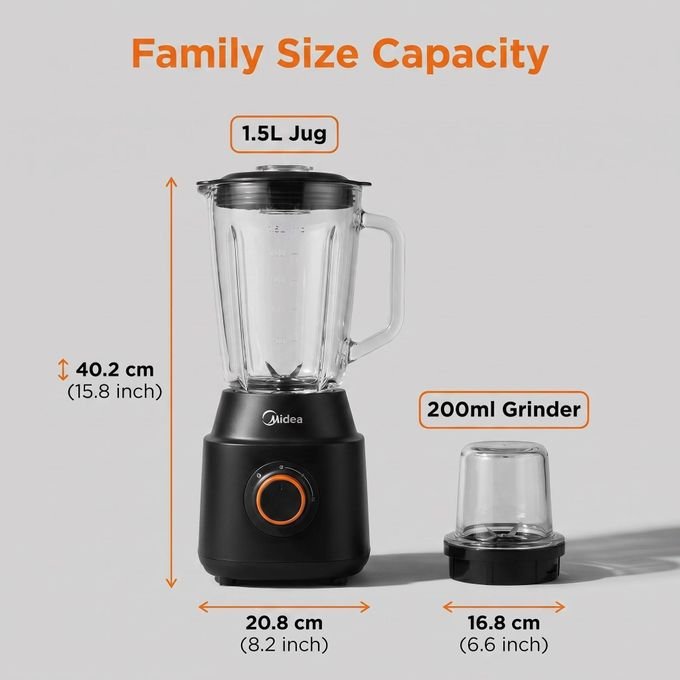 Midea 1.5L High Quality Glass Blender 600W 2 in 1  -Black