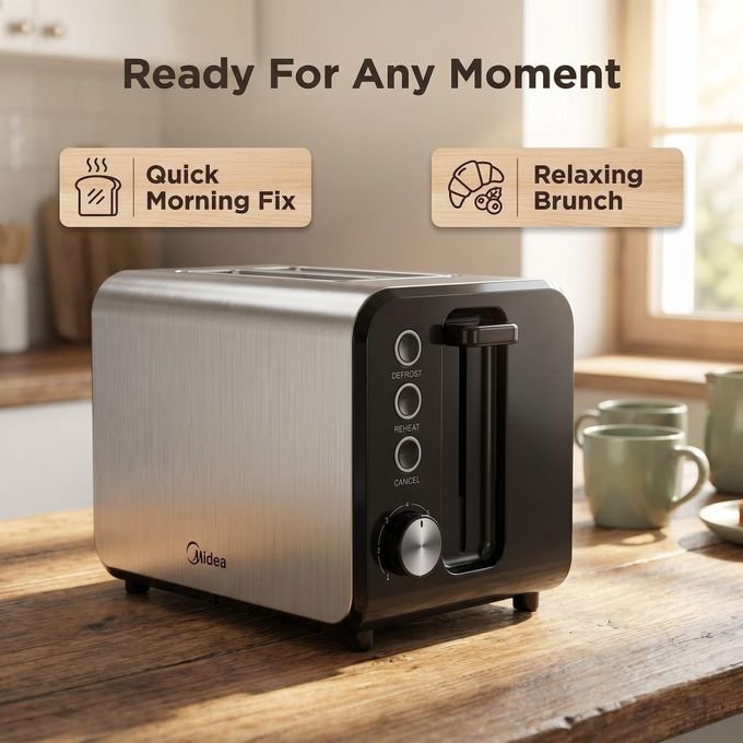 Midea 2 Slice Stainless Steel Toaster- Silver & Black