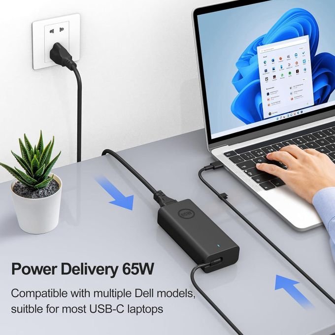 DELL Original USB Type C Charger 65W for Laptop With Power cable-Black