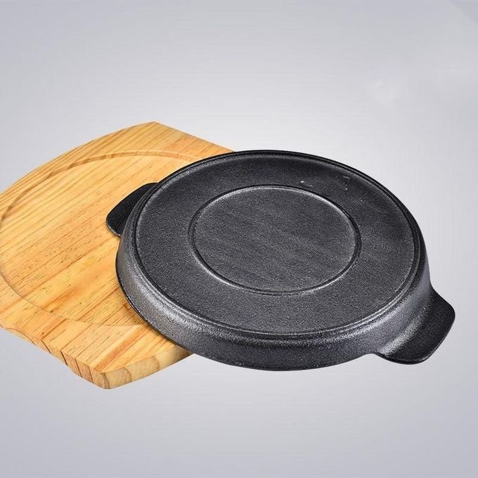 Cookware Frying Pan Grill Backing Pot Skillet Plate with Wood Serving Board (26 cm) Cast Iron Steak Sizzler Grill Pan with Non-Stick Coating Backing Pot Skillet Grill Wood Serving Board Platter
