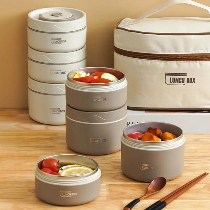 5 in 1 Food Flask with Insulated Carrier – White | Stainless Steel Vacuum Food Container