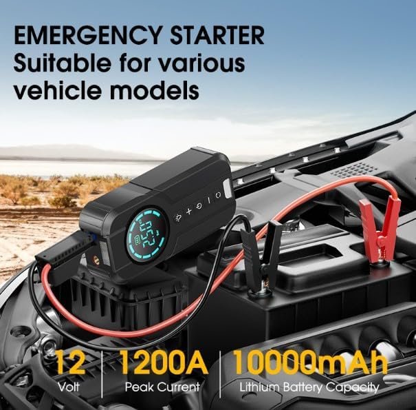 4-in-1 Portable Car Jump Starter 10000mAh with Air Compressor, LED Light & USB-C Charging