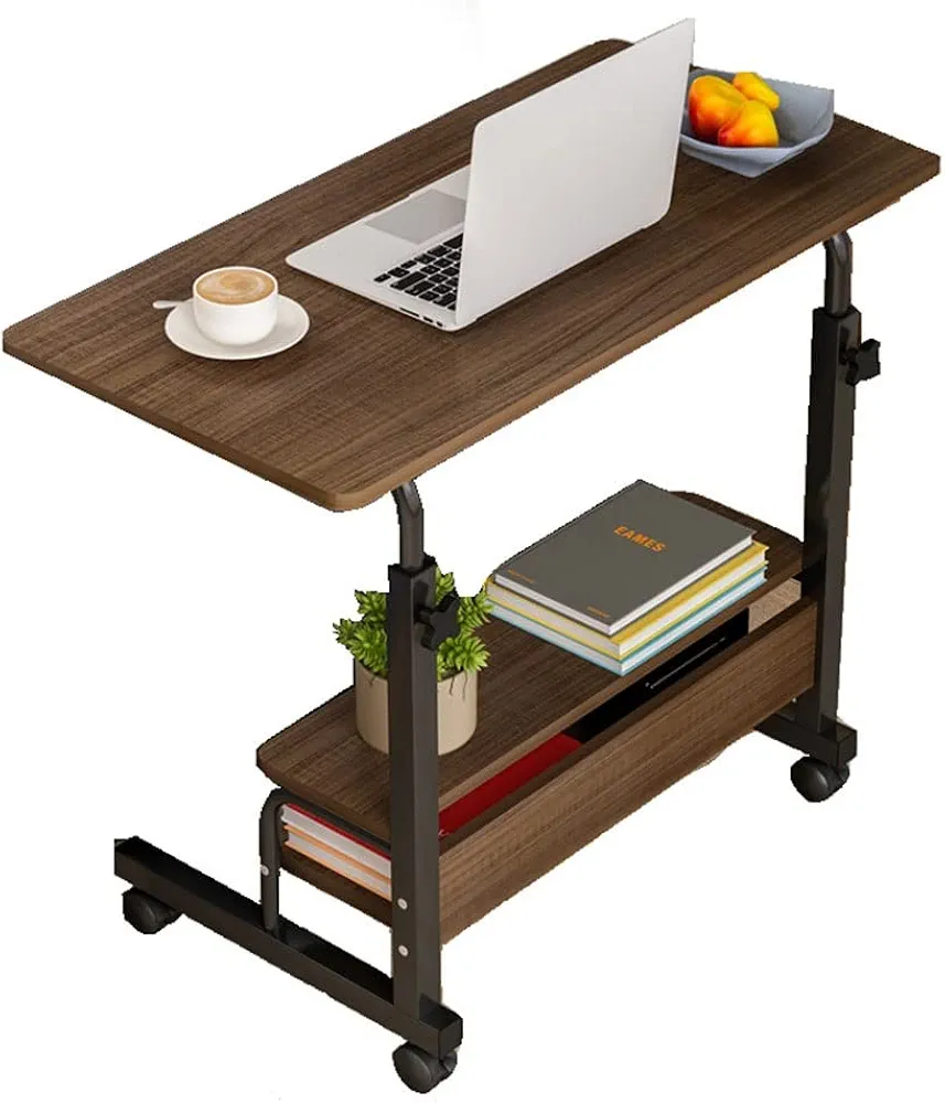 Adjustable Laptop Table Side Table with Wheels- Brown