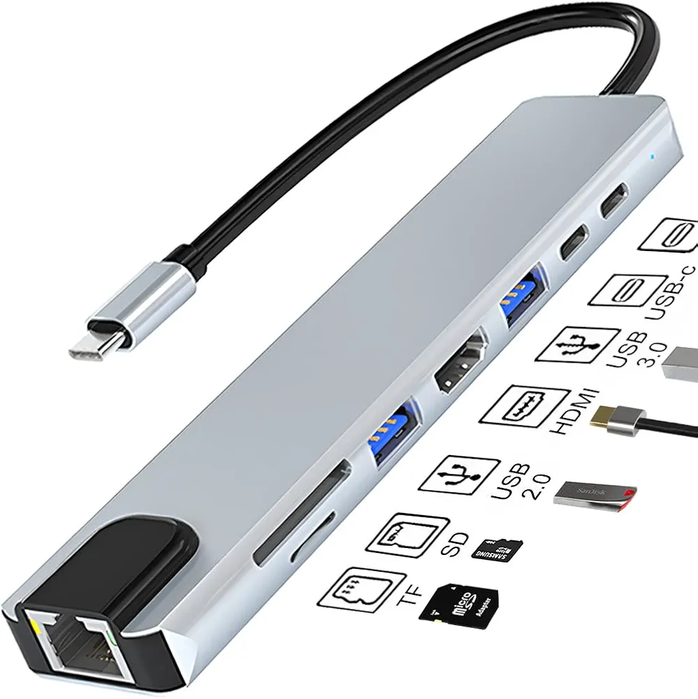8 in 1 USB C Hub Multiport Adapter with 4K HDMI, 85W PD, USB 3.0 Ports, USB C Data Port, SD/TF Card Reader, USB C Dongle for MacBook Pro/Air and Other Type C Devices