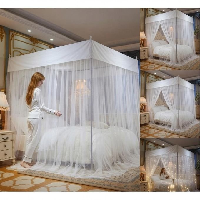 6x6 Freestanding Mosquito Net 3-Door Design with 4 Stainless Steel Stands – White