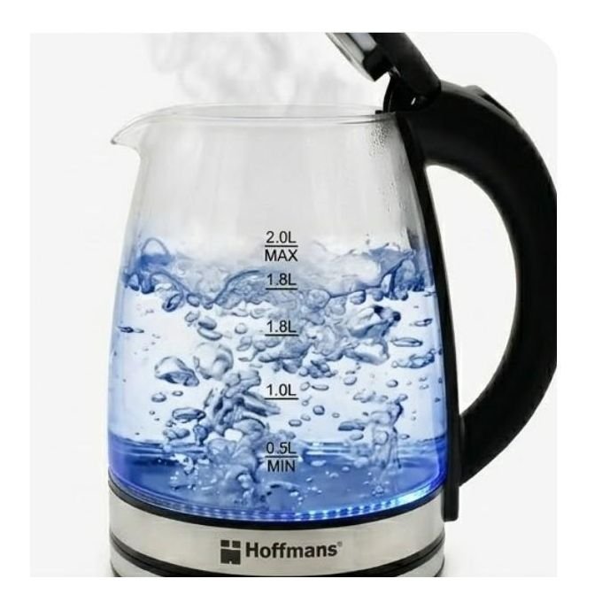 Hoffmans HM-2513 2L Glass Electric Kettle – Clear & Black Fast-Boiling Water Kettle