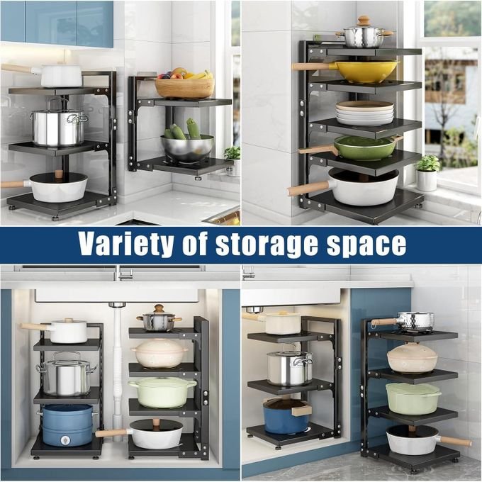 Adjustable Heavy-Duty Pot & Pan Rack Organizer with Dividers – Kitchen Cabinet & Countertop Storage Holder