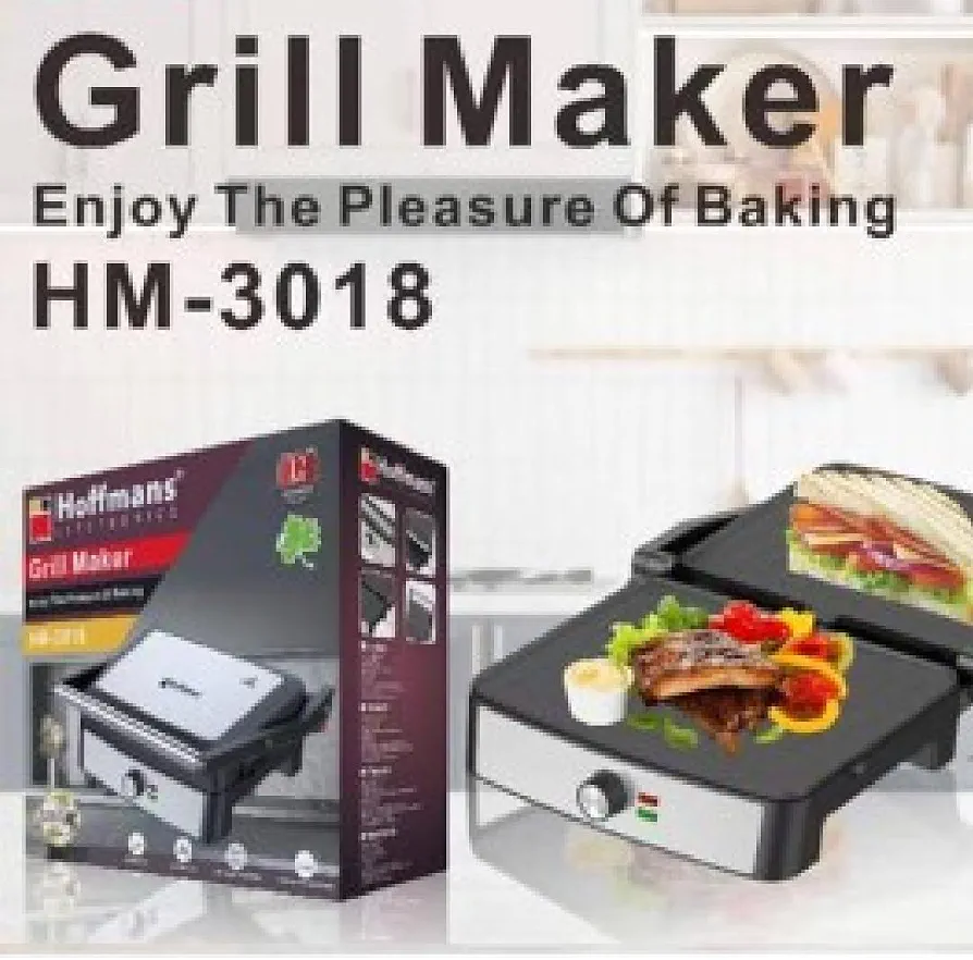 Hoffmans HM-3018 Sandwich Maker & Grill – Non-Stick Plates, Fast Heating, 2-Slice Electric Press. Black