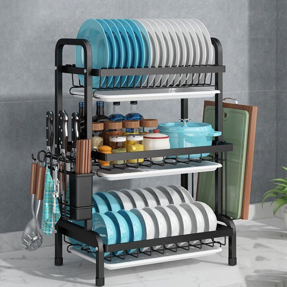 3-Tier Dish Rack Stainless Steel Dish Drainer - Black